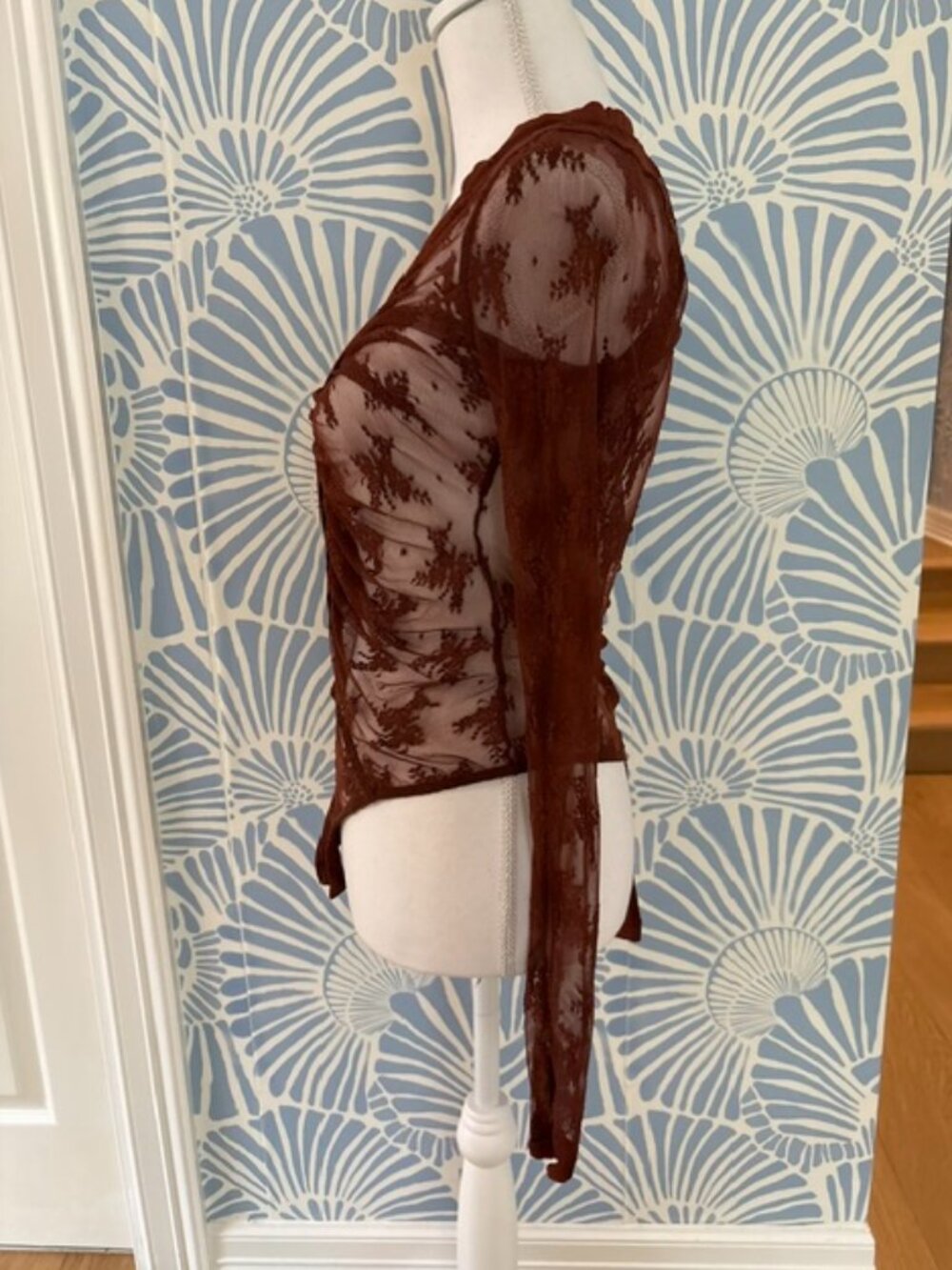 Sheer Lace Ruched V-Neck Long Sleeve Bodysuit in Rust - Picture 4 of 6